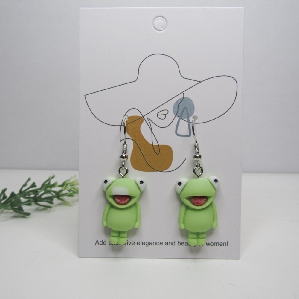 Green Kawaii Frog Earrings - Cartoon, Unique, Eccentric Earring Pair